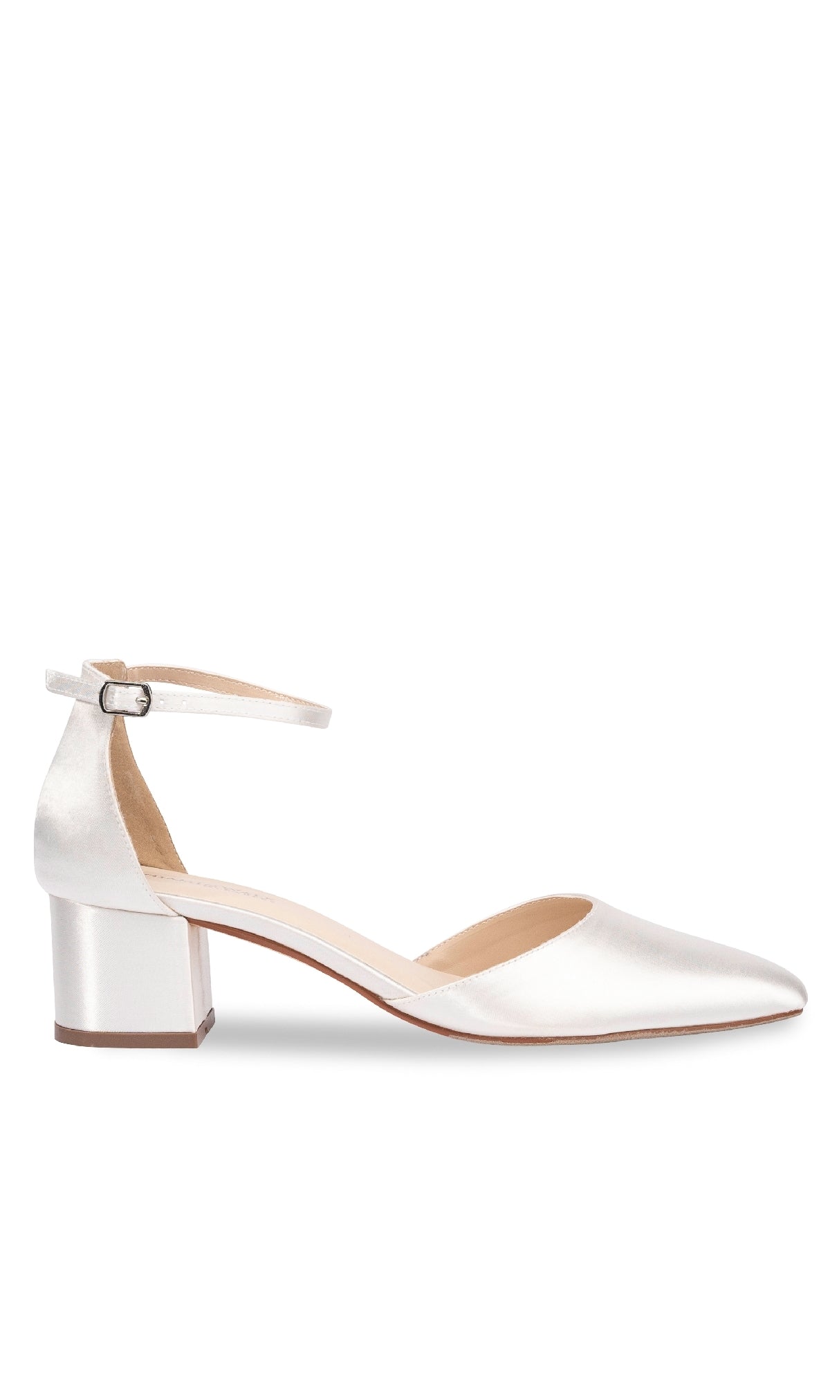 Side view of Tegan White Shimmer Prom Shoes: Touch Ups 4663, featuring a pointed toe, ankle strap, and low block heel—stylish closed-toe option for any special occasion.